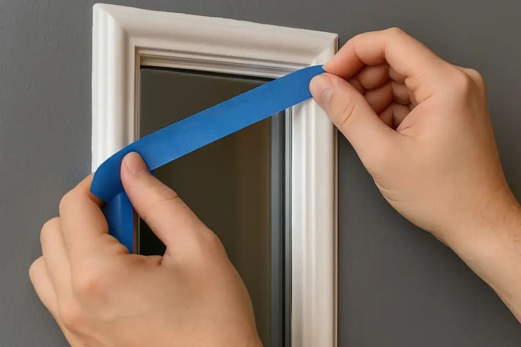 Hands carefully applying blue painter’s tape along the edge of a window frame on a steel door for clean paint lines.