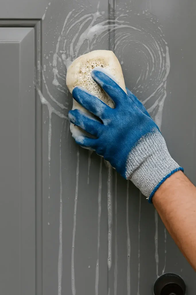 Close-up shot of a gloved hand cleaning a steel door with a soapy sponge, with visible water drips.