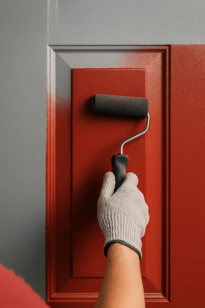 Action shot of a gloved hand using a foam roller to apply the final coat of red paint to a primed steel door.