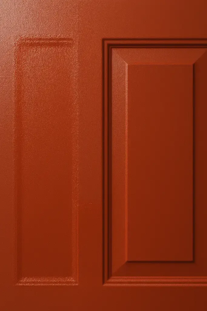 Steel door mid-painting showing a section with a dried first coat and another where a second coat is being applied, highlighting sheen differences.