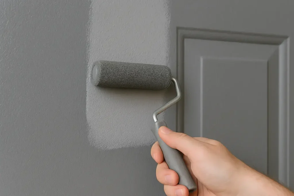 Close-up of a hand using a small foam roller to apply a smooth, thin coat of grey metal primer on a steel door.
