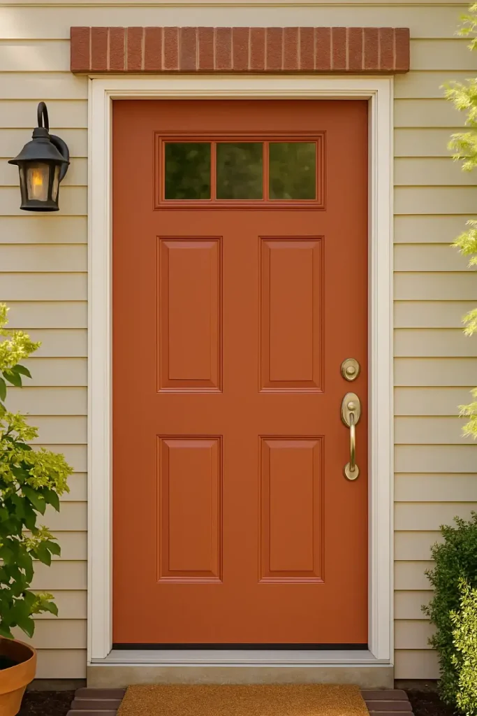 Photo of a fully painted red-orange steel front door with reinstalled hardware and window, shown as part of a sunny, welcoming home entrance.