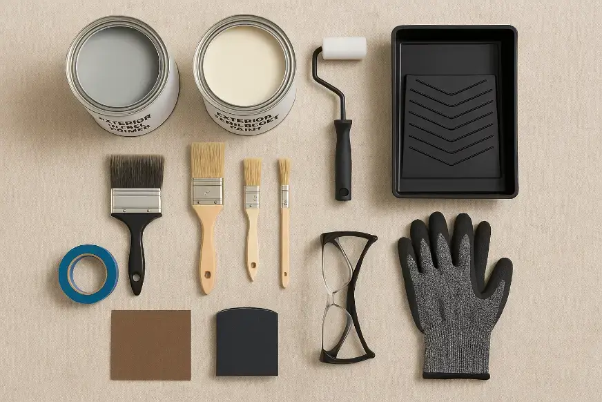 Flat lay photo of essential supplies for painting a metal door, including primer, paint, brushes, roller, tape, sandpaper, gloves, and safety glasses.