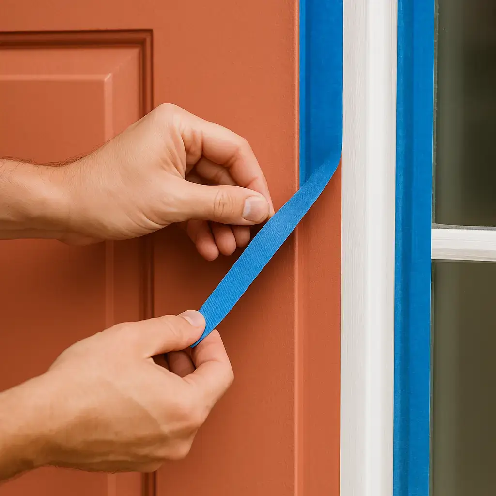 Close-up of hands peeling blue painter’s tape off a freshly painted steel door at a 45-degree angle, revealing a clean paint edge.
