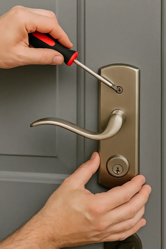 Close-up of hands using a screwdriver to remove a door handle from a steel door, focusing on hardware removal.