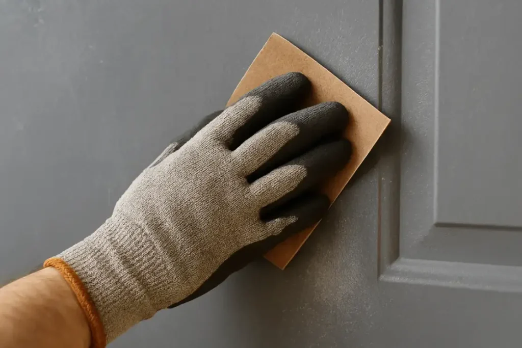 Close-up of a gloved hand sanding a steel door with medium-grit sandpaper, showing scuff marks and light dust.
