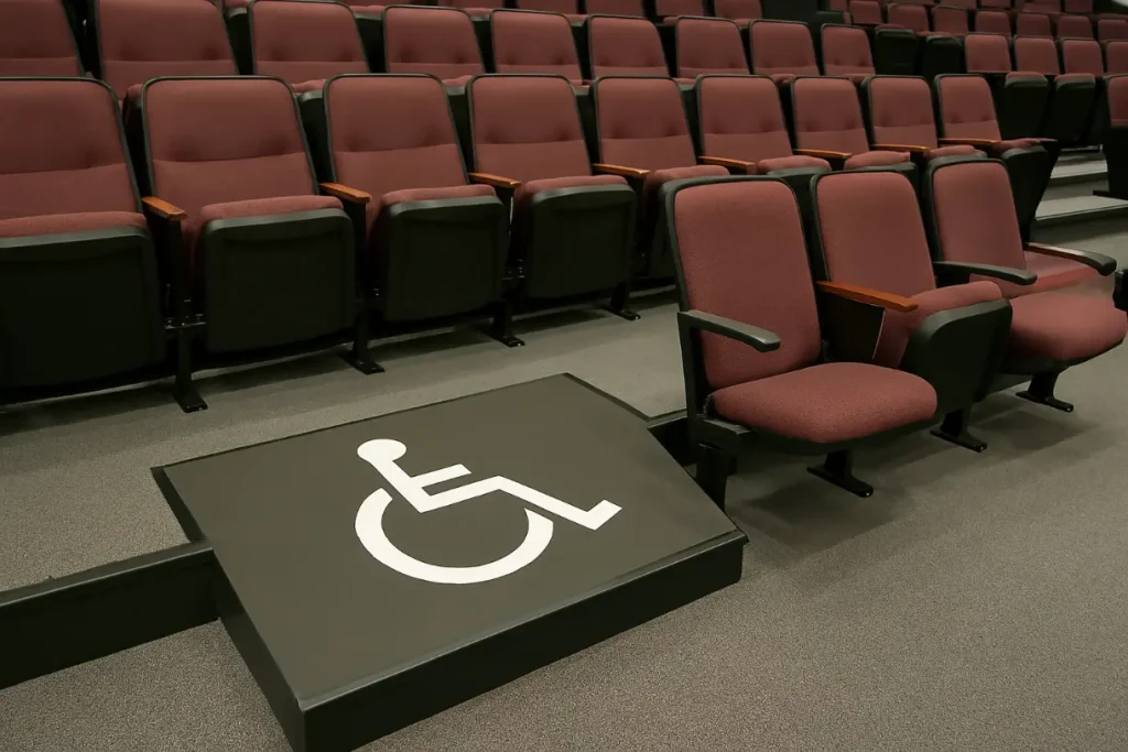 Photo showing clearly marked wheelchair-accessible seating integrated with standard theater seats.