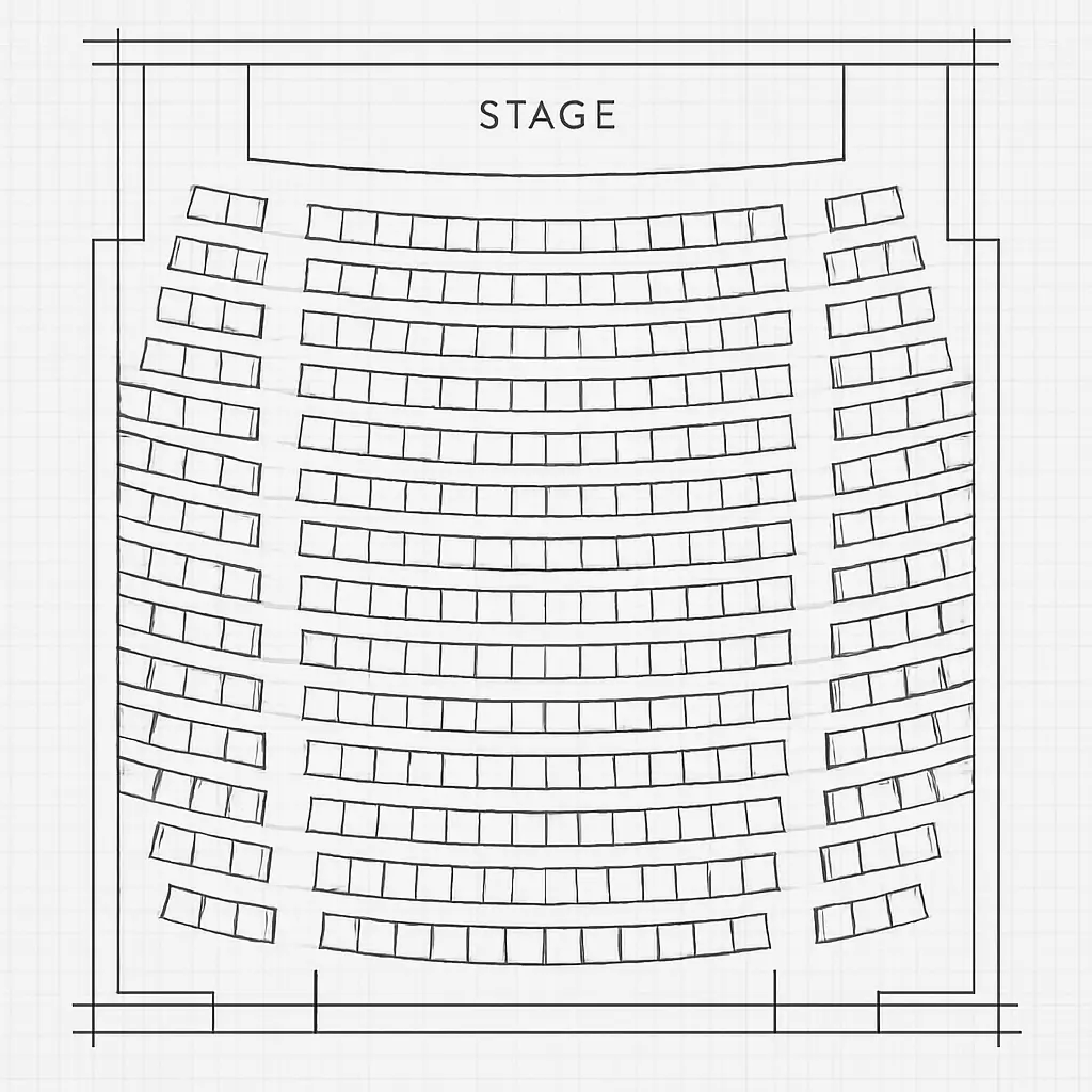 Blueprint-style architectural drawing of an auditorium layout showing rows of seats, aisles, and stage outline.
