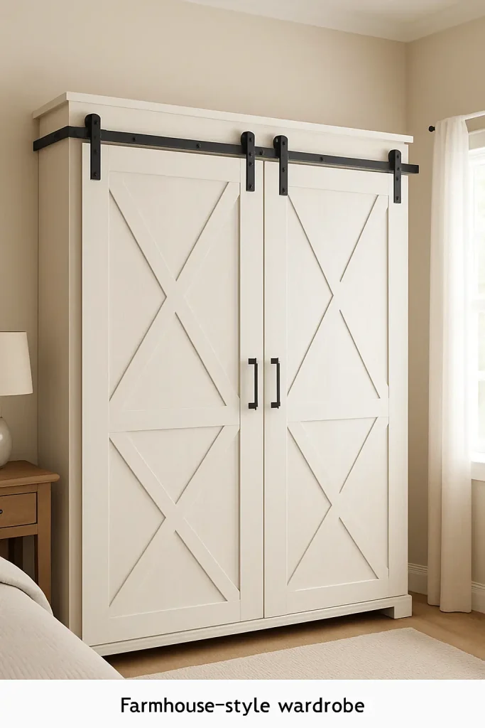 Farmhouse wardrobe with white sliding barn doors and black metal hardware in a cozy bedroom.