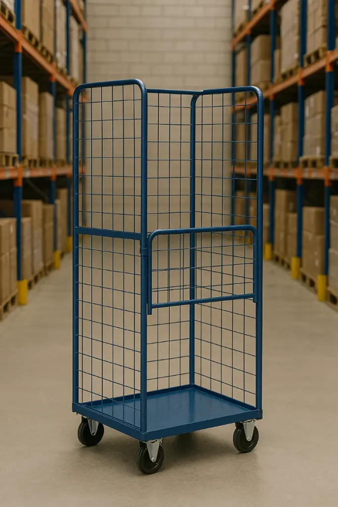A tall, four-sided industrial roll cage trolley with wire mesh sides and a half-gate door, standing empty in a bright warehouse aisle.