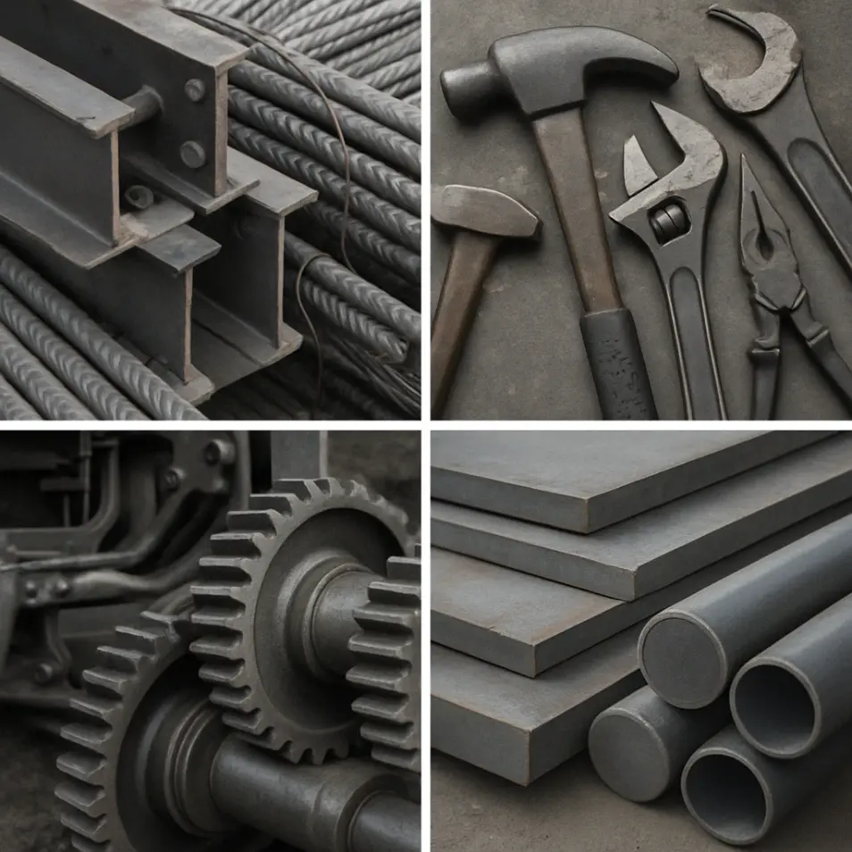 Four-image collage of carbon steel applications: construction beams and rebar, hand tools, industrial gears, and stacked metal stock.