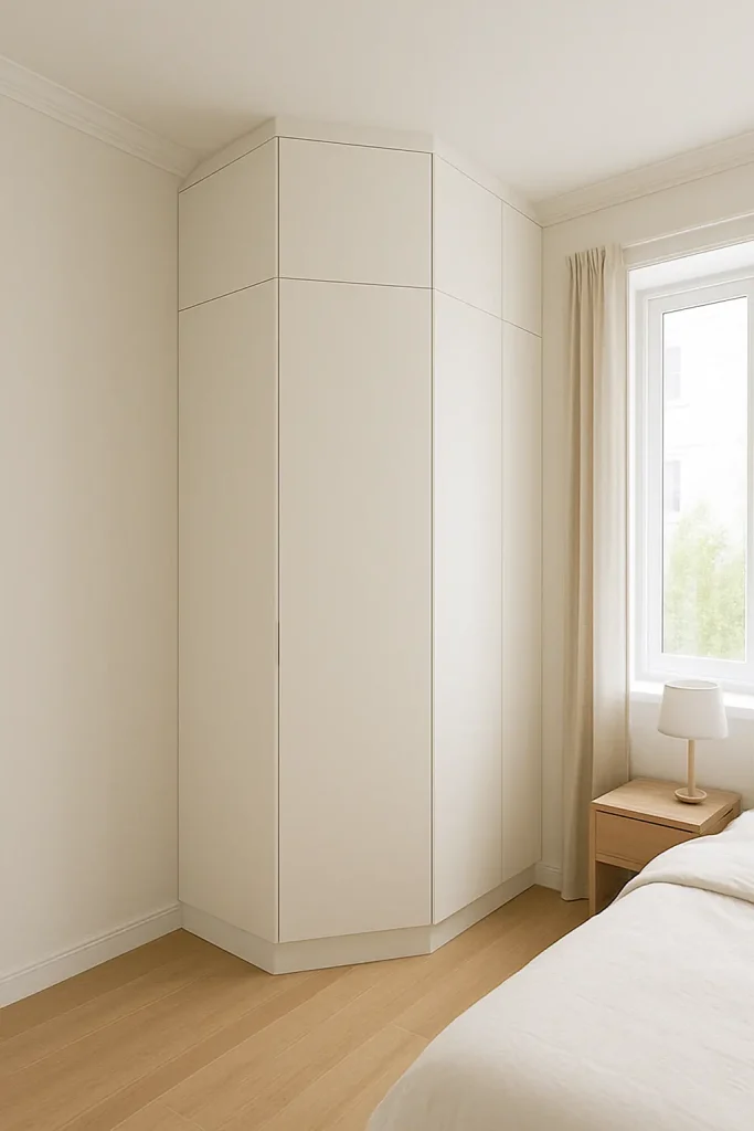 Tall white corner wardrobe with angled door, maximizing bedroom space in a modern, light-filled room.