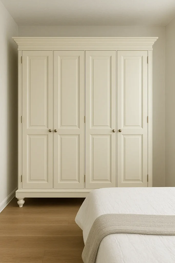 Traditional cream-colored wardrobe with panel doors and bun feet in a warm, elegant bedroom.