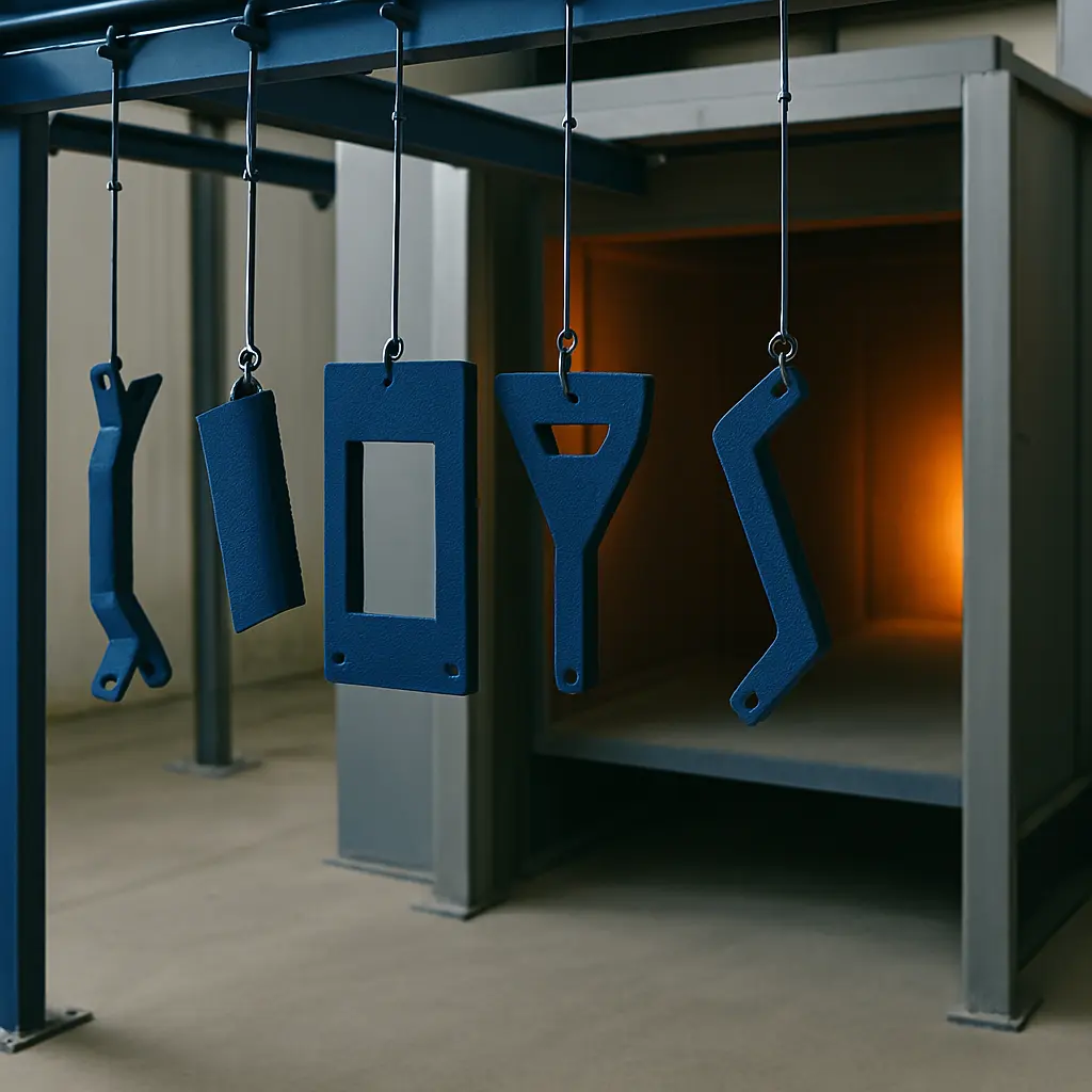Powder-coated metal parts on a conveyor entering an industrial curing oven with visible glow, representing the controlled curing process that adds to the advantages of powder coating.