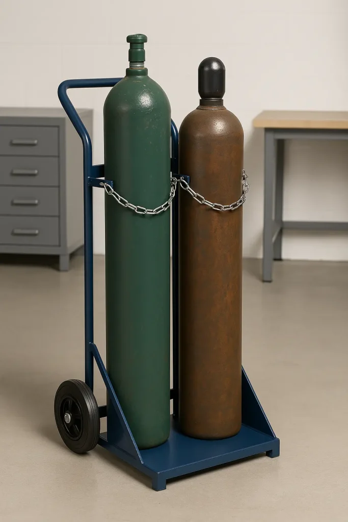 A steel gas cylinder trolley holding two upright compressed gas cylinders, secured with chains in a workshop or medical supply area.