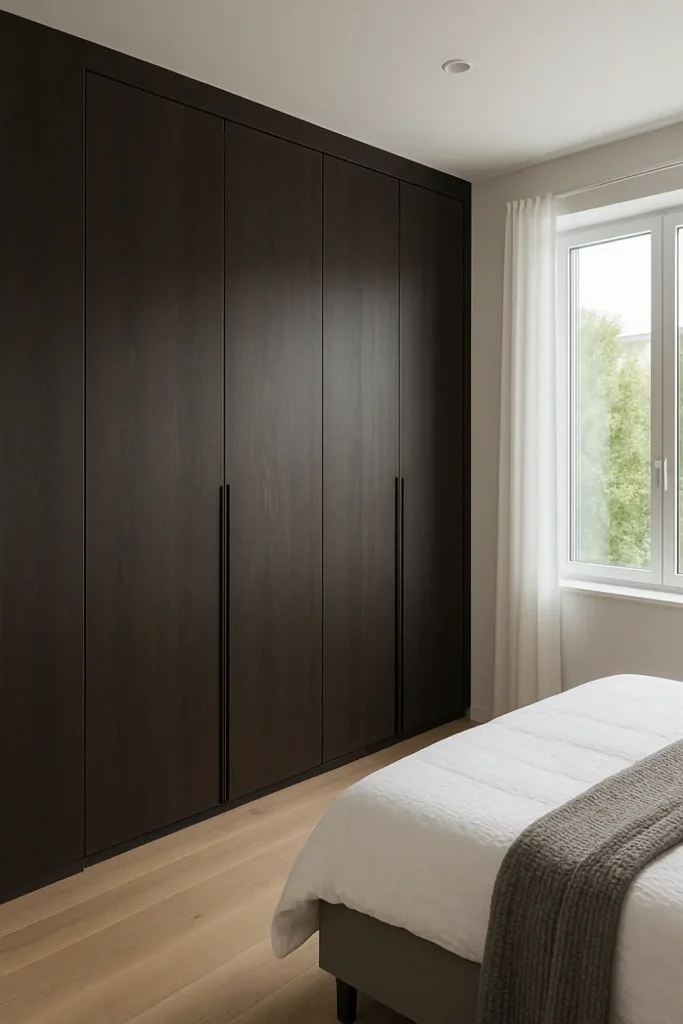 Modern bedroom with dark wood veneer wardrobe and tall black handles beside a large window.