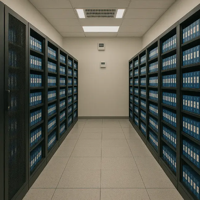 Archive vault room with temperature-controlled racks filled with labeled file binders.
