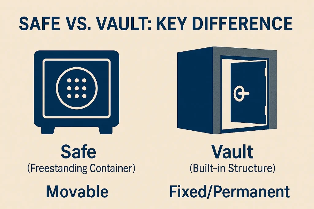 Illustrated infographic comparing safes and vaults by structure and mobility.