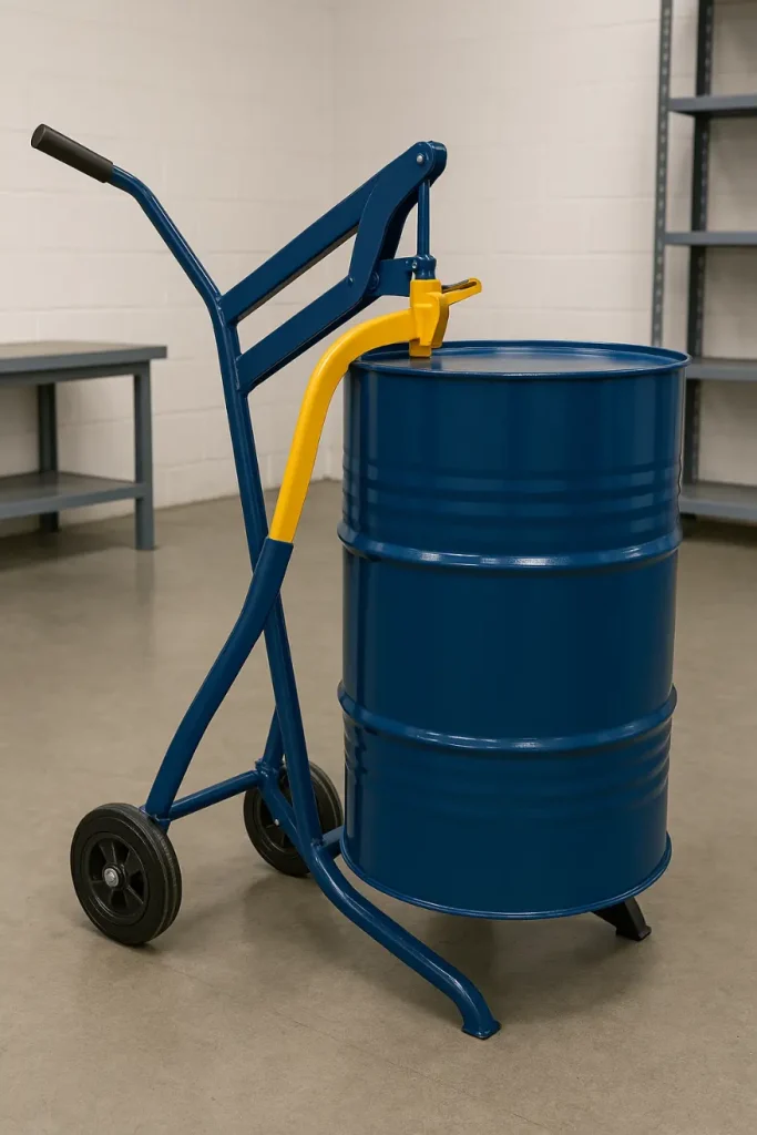 A lever-action drum truck securely gripping a blue 55-gallon industrial drum, demonstrating safe lifting and transport in an industrial setting.
