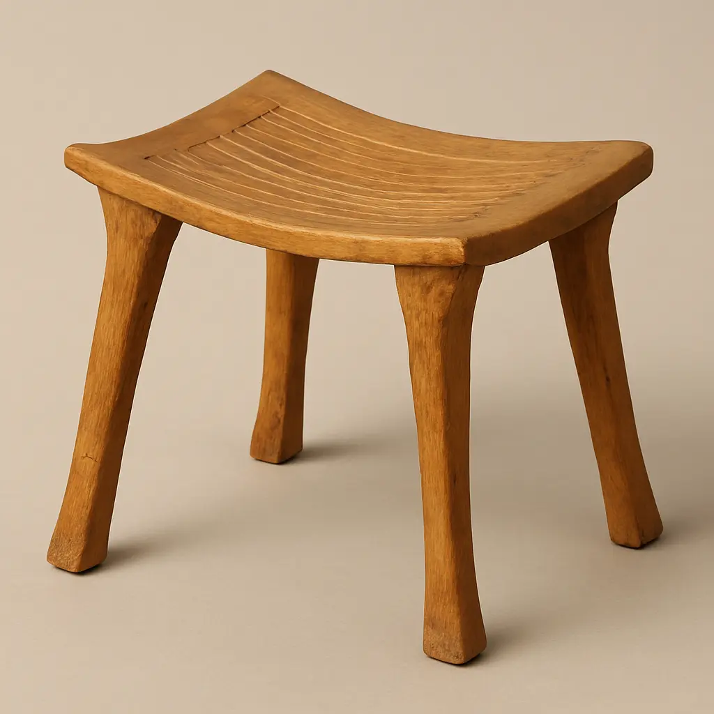 Photograph of a an Ancient Egyptian wooden stool, plain background.