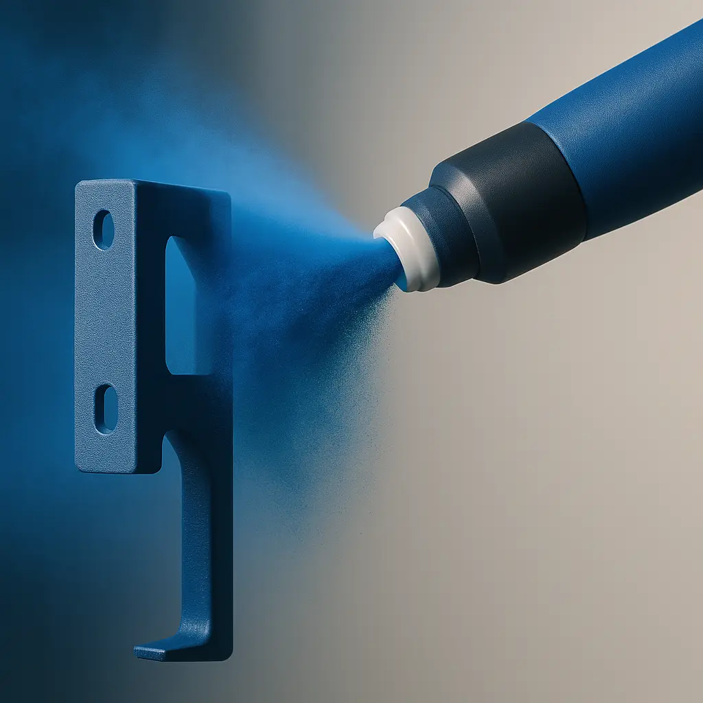Close-up of an electrostatic powder coating spray gun applying blue powder to a metal bracket, demonstrating one of the core advantages of powder coating—strong adhesion and minimal waste.