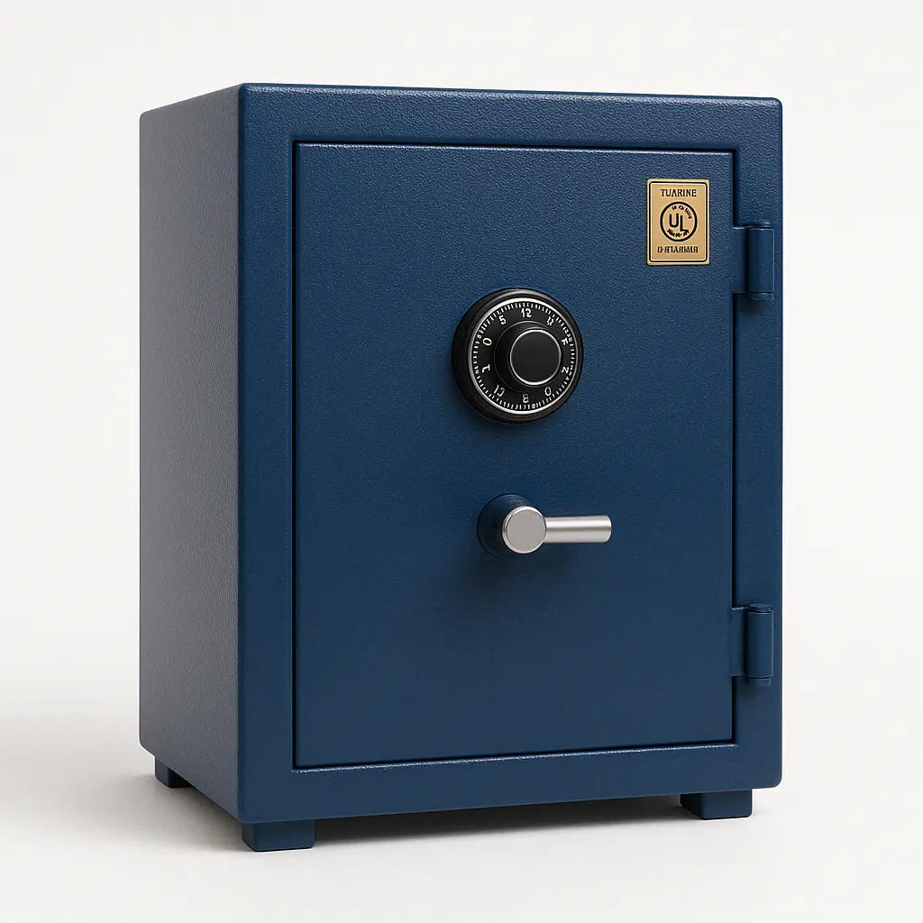 Blue fire-resistant safe with mechanical dial and certification label.