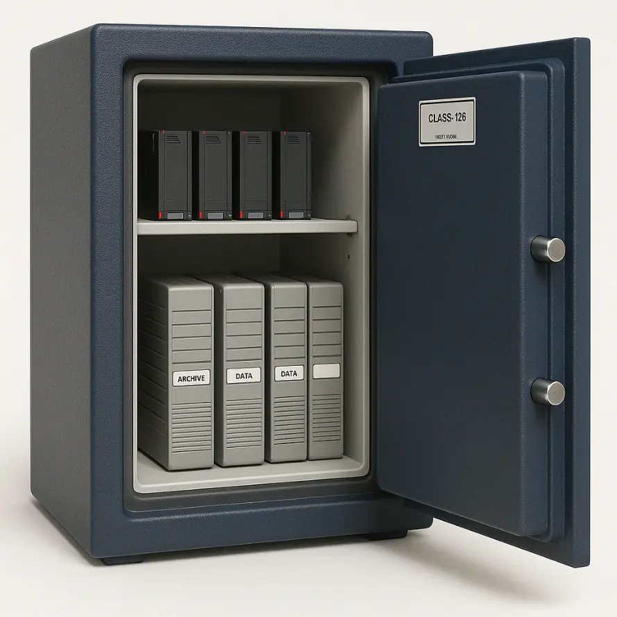 Open media safe with labeled archive and data cartridges inside