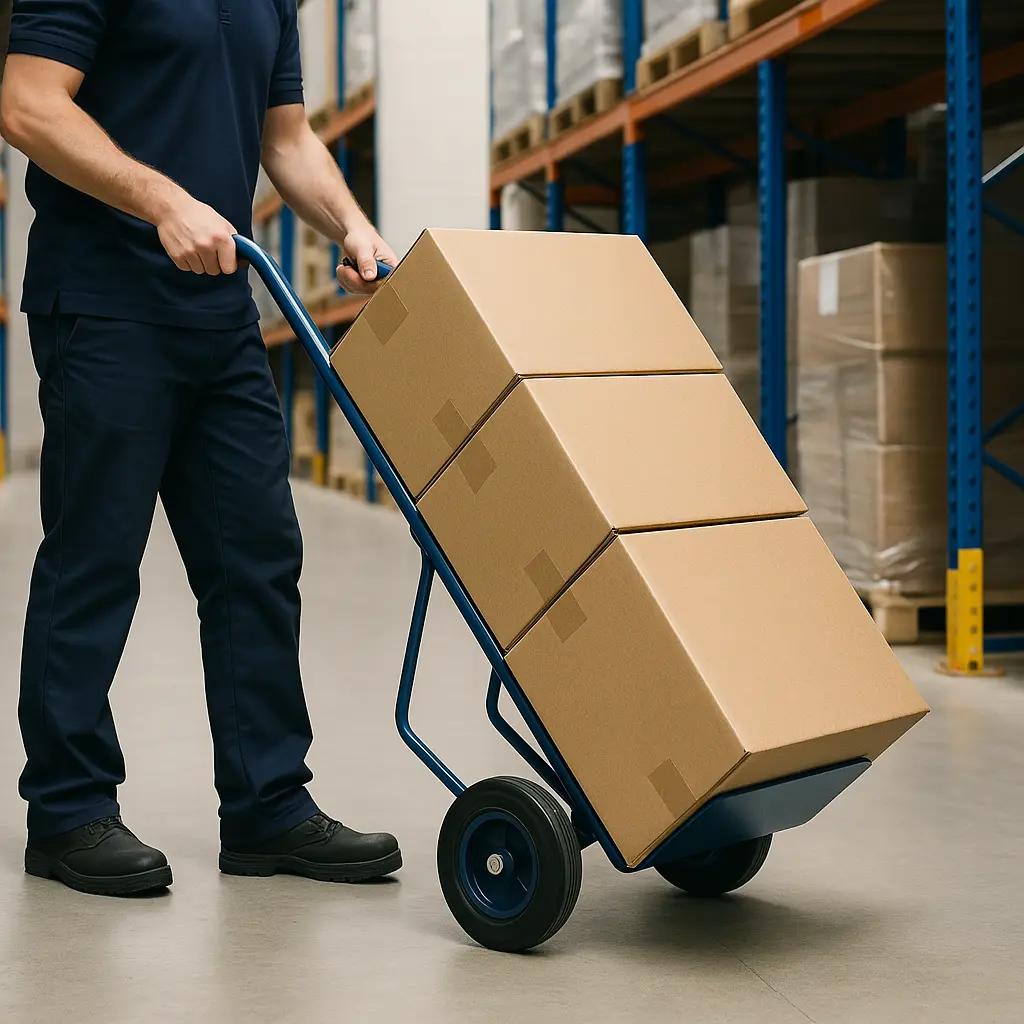 A worker using a sturdy industrial hand truck tilted back while moving a stack of cardboard boxes in a warehouse aisle.