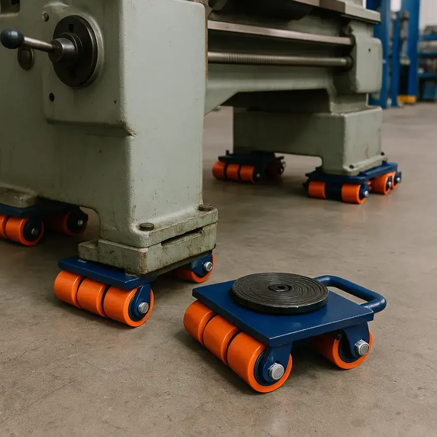 A large industrial machine supported on low-profile machinery skates with rollers, ready for repositioning on a factory floor.