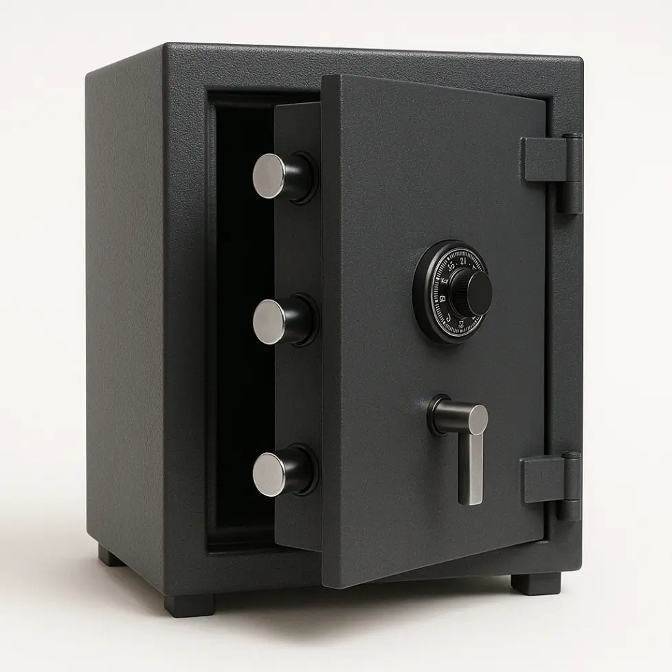 Partially opened high-security safe showing locking bolts and a dial lock.
