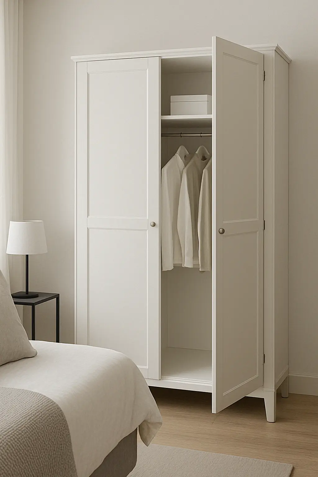 White wardrobe with a hinged door fully open, showing interior space in a bright modern bedroom.