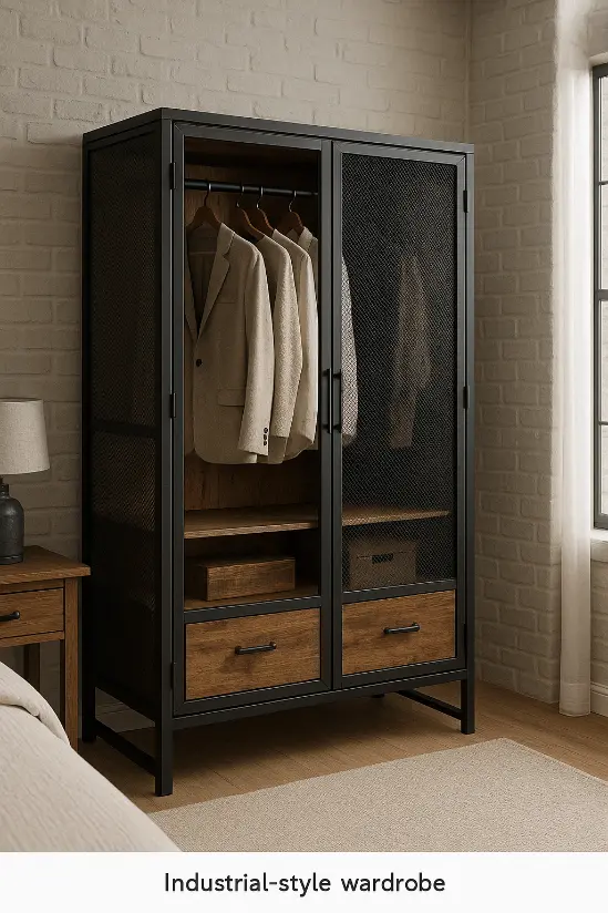 Industrial wardrobe with black metal frame, wood drawers, and mesh doors in a loft-style bedroom.