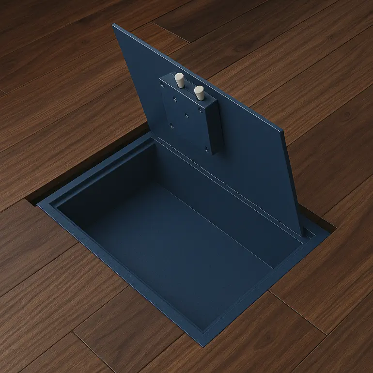 Blue floor safe with open lid built into dark wood flooring