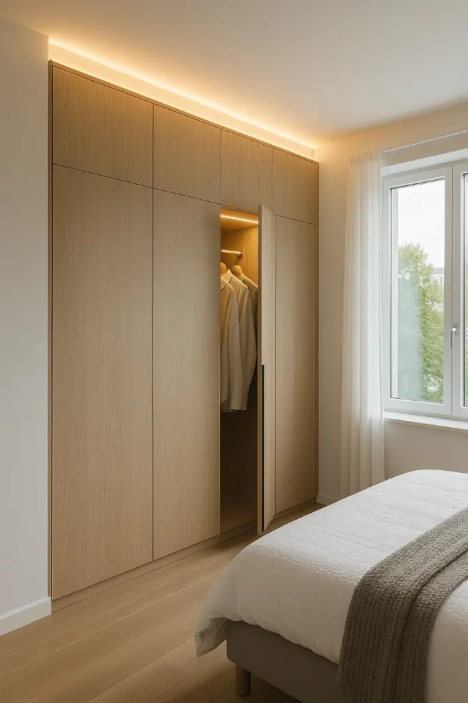 Light oak bedroom wardrobe with integrated LED lighting and one door slightly open showing hanging clothes.