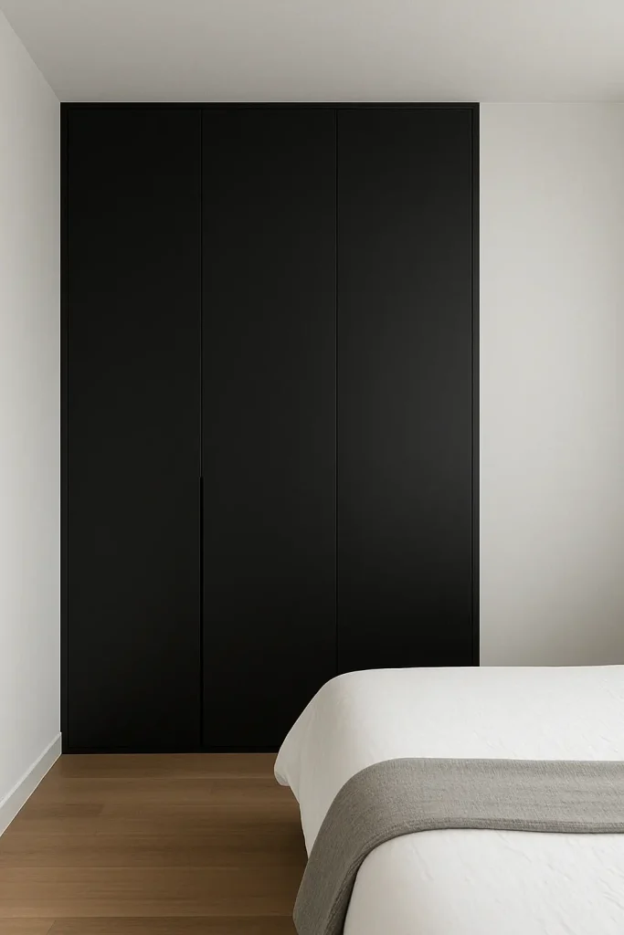 Minimalist bedroom with floor-to-ceiling matte black wardrobe against a soft grey wall