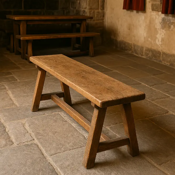 Sturdy wooden bench inside a rustic medieval hall setting