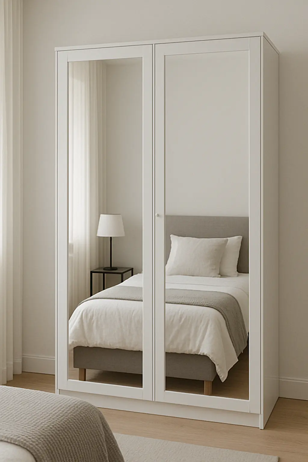 White wardrobe with full-length mirrored doors reflecting a bright, cozy bedroom interior