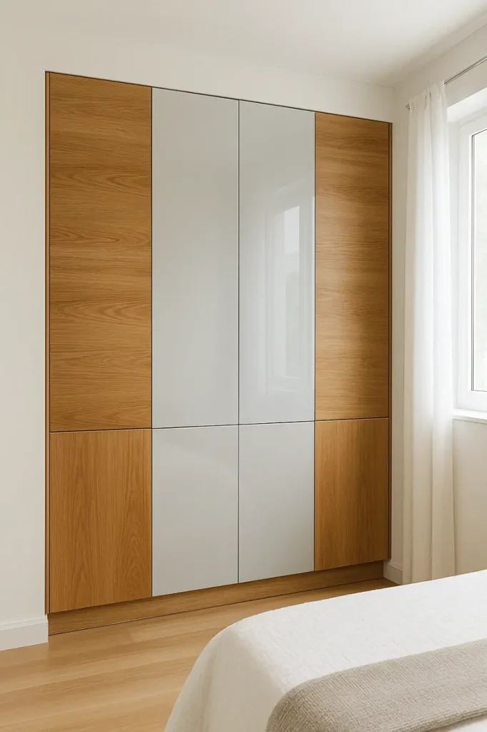 Contemporary wardrobe with natural wood veneer and high-gloss grey panels in a modern bedroom.