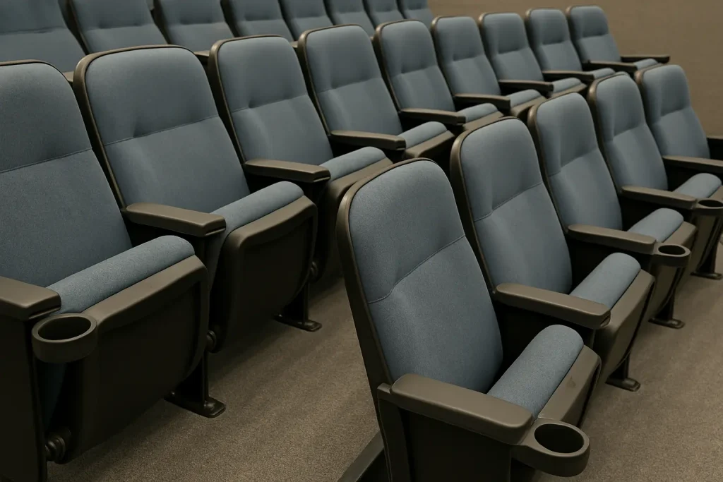 Photo of a row of modern auditorium chairs with armrests, cup holders, and soft upholstery.