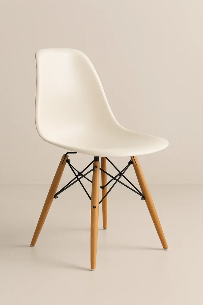 Photograph of an iconic plastic molded chair from the Mid-Century Modern era, like the Eames DSW or a Verner Panton S chair, showcasing the use of new materials and sculptural forms. Simple background.