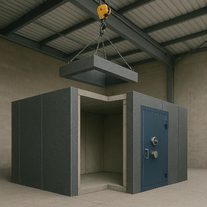 Modular steel vault under construction with crane lifting the roof panel