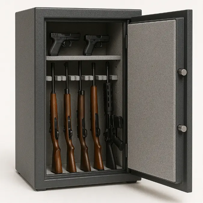 Gun safe with rifles and handguns neatly organized inside