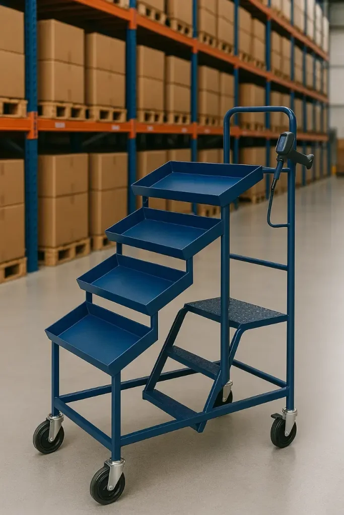 A specialized warehouse order picking trolley with multiple angled shelves, an integrated step ladder, and a scanner holder, shown in use in a warehouse aisle.