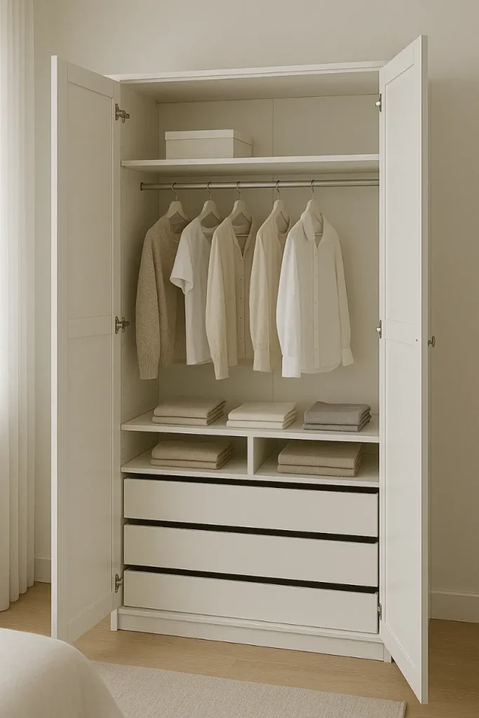 Open white wardrobe showing hanging clothes, folded items on shelves, and drawers in a neat bedroom.