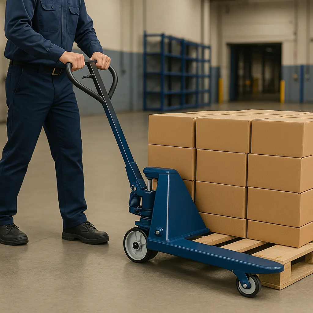 A manual hydraulic pallet jack lifting a wooden pallet loaded with boxes just off the ground, with a worker’s hands visible on the handle in a warehouse.
