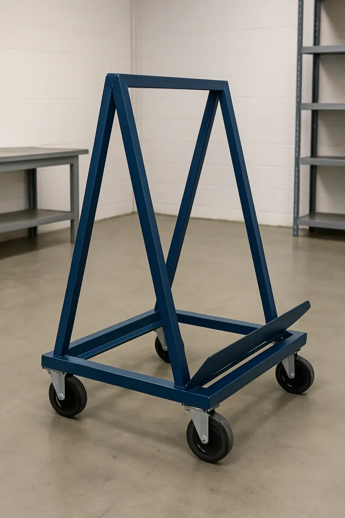A sturdy steel A-frame panel cart for moving sheet goods, standing empty with visible angled supports in a workshop background.