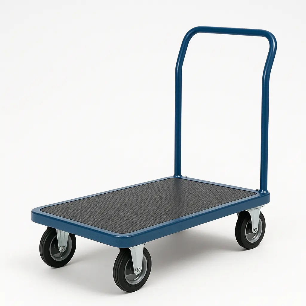 A studio photograph of a heavy-duty steel platform trolley with a push handle, non-slip surface, and four robust casters on a clean white background.