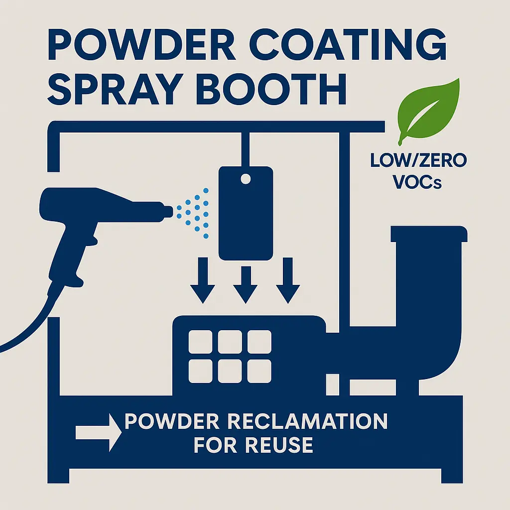 Infographic showing a powder coating spray booth system with powder reclamation and low/zero VOCs label, visually explaining the advantages of powder coating in sustainability.