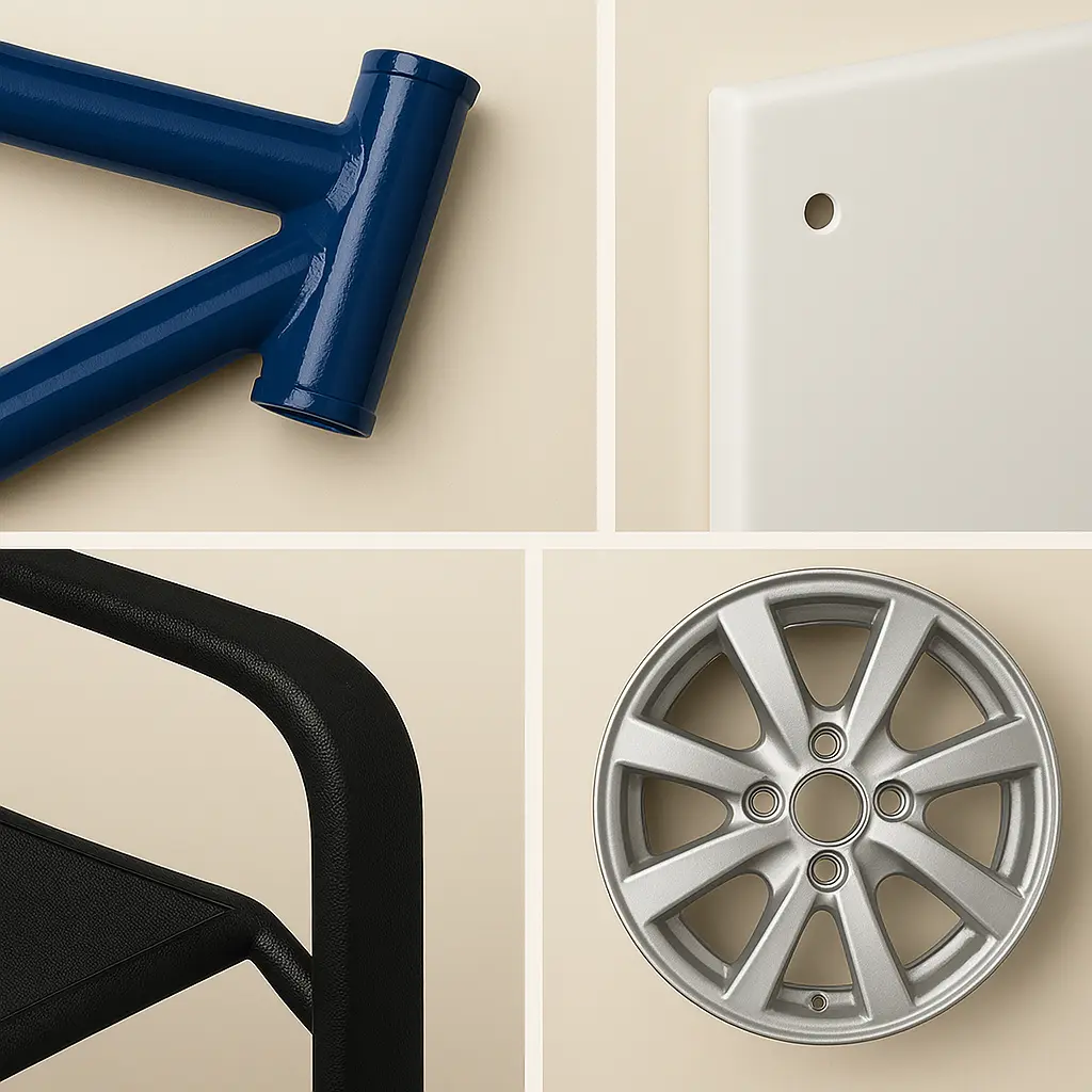 A clean collage of powder coated items including a bicycle frame, chair armrest, appliance panel, and car wheel rim, showing the versatility and advantages of powder coating.