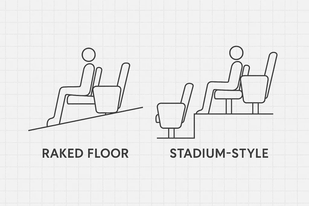 Side-view comparison of raked floor and stadium-style auditorium seating with elevation differences.